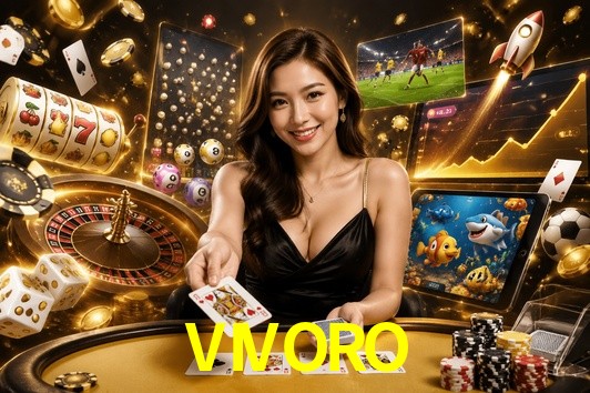 Una escena digital vívida inspirada en casino con VIVORO mostrado prominentemente, luces brillantes, fichas, cartas y acentos dorados.